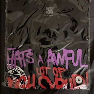 Black Graphic T-Shirt with Purple and Red Text